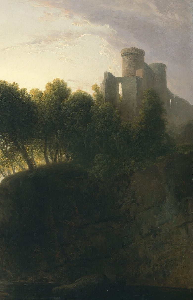 The compositional counterweight to the luminous sky; its abrupt verticality creates tension against the open valley, a framing device Doughty repeated throughout his Boston-period canvases.