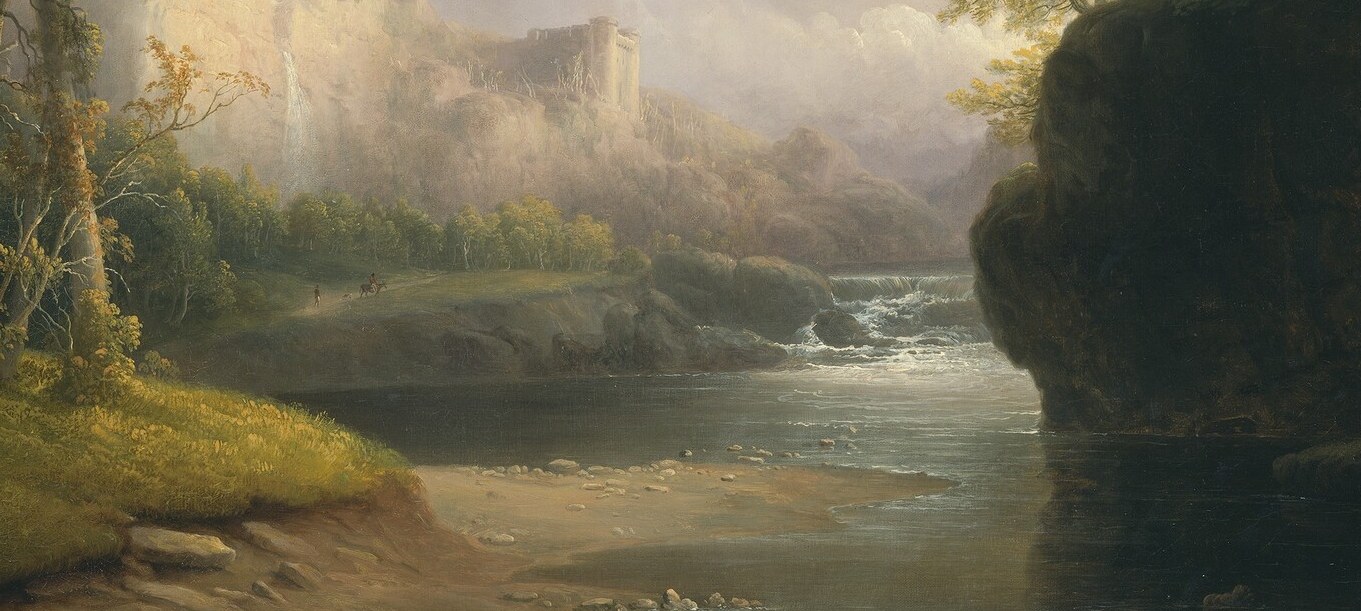 The water acts as a second sky, bouncing the golden light back up; the tonal contrast between the dark banks and luminous water surface is where the painting's spatial depth is most legible.