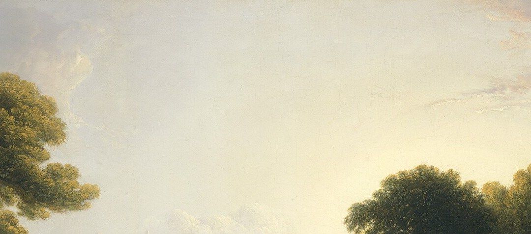 The painting's emotional core , Doughty's hallmark theatrical light source that floods the entire valley and anchors the romantic mood; a slow push into this glow reveals layered glazing.