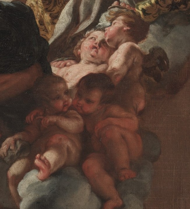 These putti, rendered with soft flesh tones, add a sense of celestial movement and divine presence.