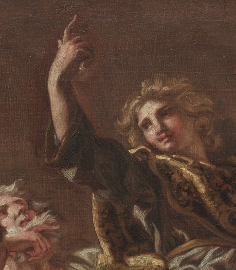 His gesture and upward gaze are classic Baroque elements, directing the viewer's attention towards the divine.
