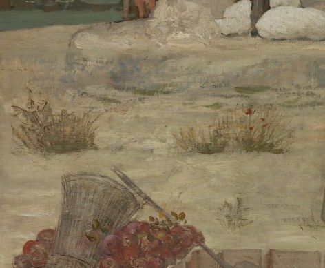 The saturated blue is the painting's sharpest chromatic shock against an otherwise earthen palette , a deliberate color anchor Puvis planted in the corner
