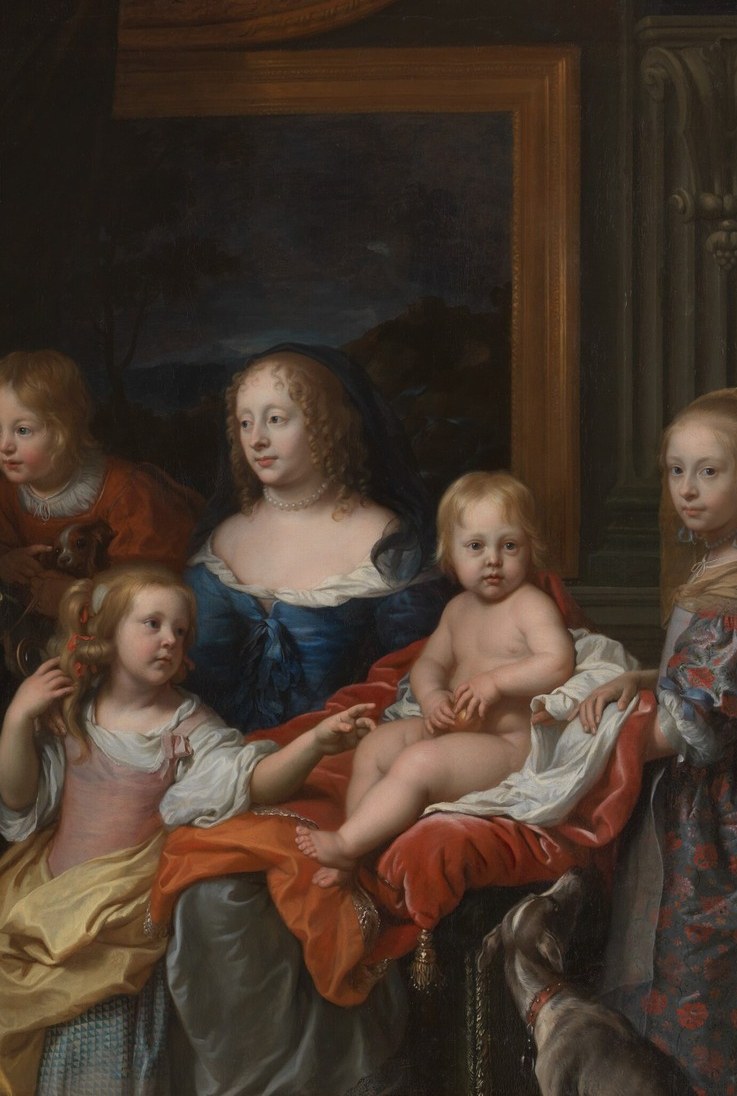 Her tender pose with the baby introduces dynastic continuity; the soft light on the infant pulls the eye across the whole canvas.