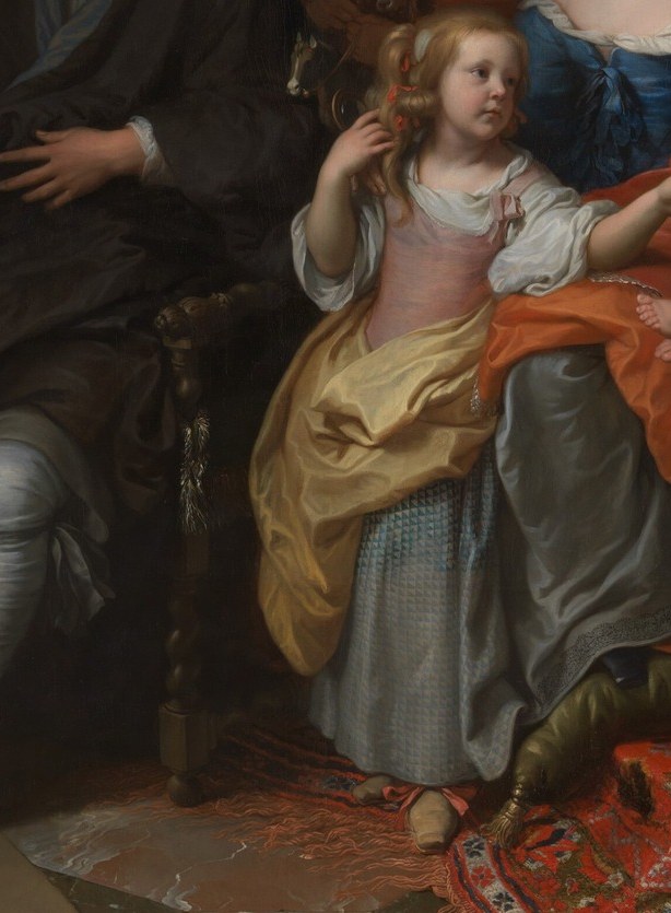 Her warm dress creates the painting's brightest warm note mid-canvas, guiding the viewer's eye between Jabach and his wife.