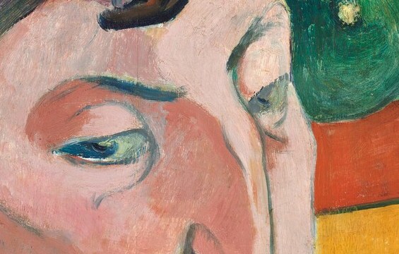 A recurring signature of Gauguin's self-imaging, here rendered with the thick black outline of Cloisonnism, turning a physical detail into a graphic mark.