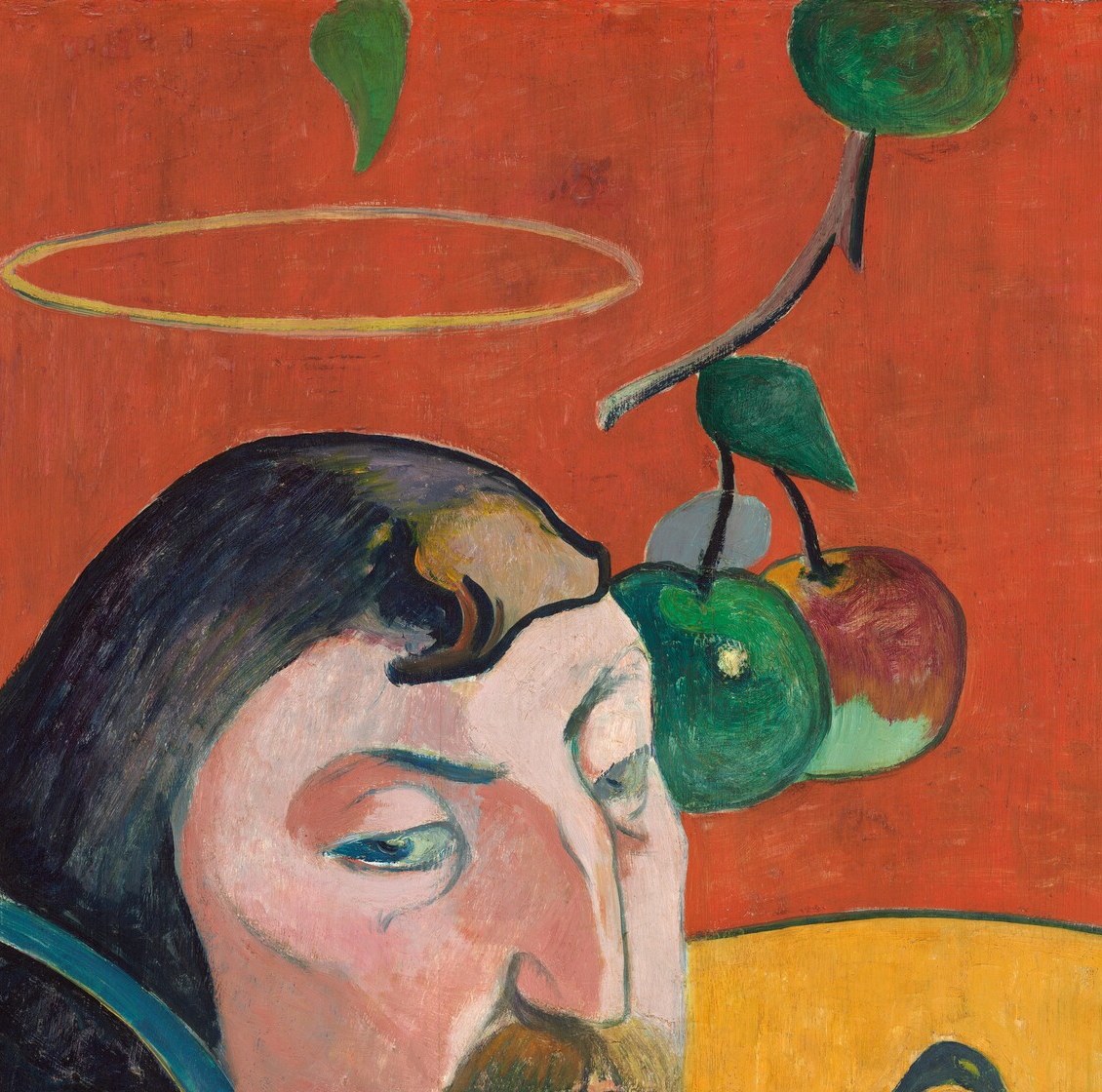 Gauguin crowns himself with sainthood while simultaneously holding a serpent , the halo is ironic and sincere at once, a compressed statement about artistic messianism.