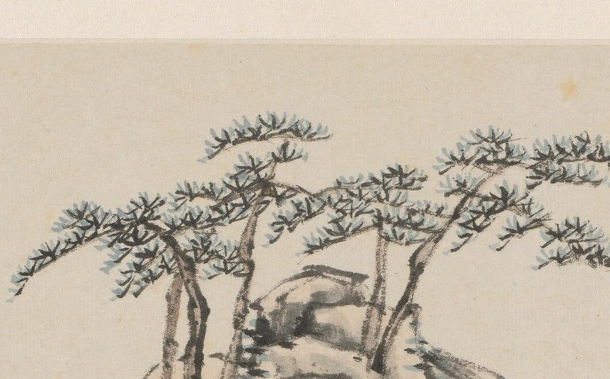 Trees growing from bare stone , a classic symbol of perseverance and the scholar's resilience; their dark ink against pale sky creates the composition's highest contrast