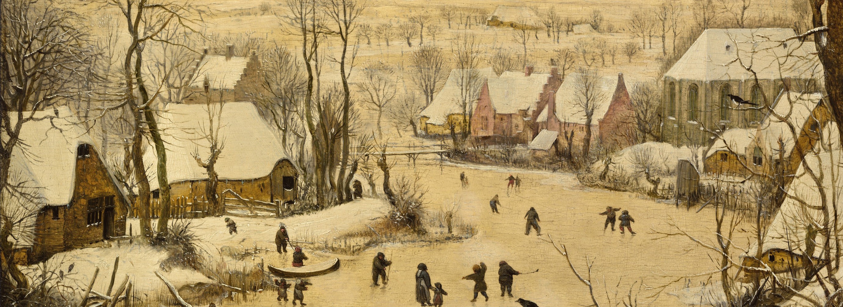 The snow-laden roofs and chimneys create a picturesque, yet cold, atmosphere, grounding the scene in a specific time and place.