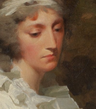 Her expression is contemplative, almost melancholic.