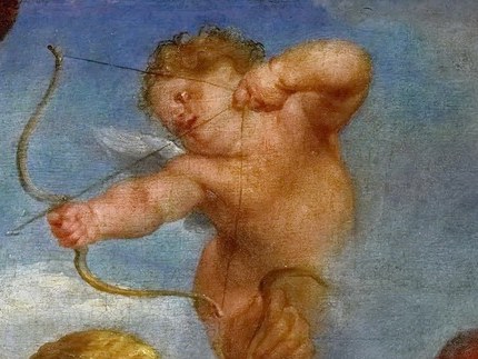 A cherub aims his bow, symbolizing fate.