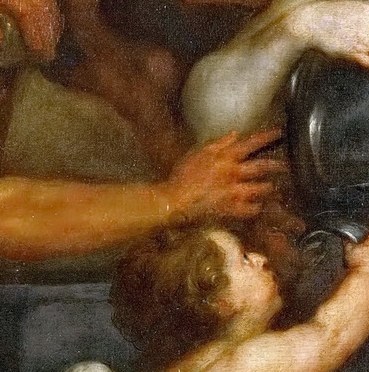 Hephaestus's powerful arm strains with the forging.