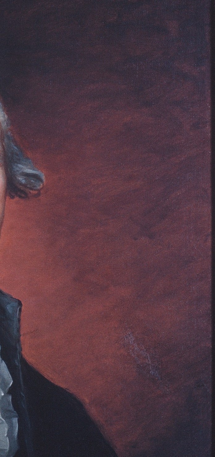 The warm ochre-red registers as velvet curtain or architectural warmth; it was a deliberate prestige convention borrowed from European court portraiture that legitimized Washington in a visual language audiences already understood.