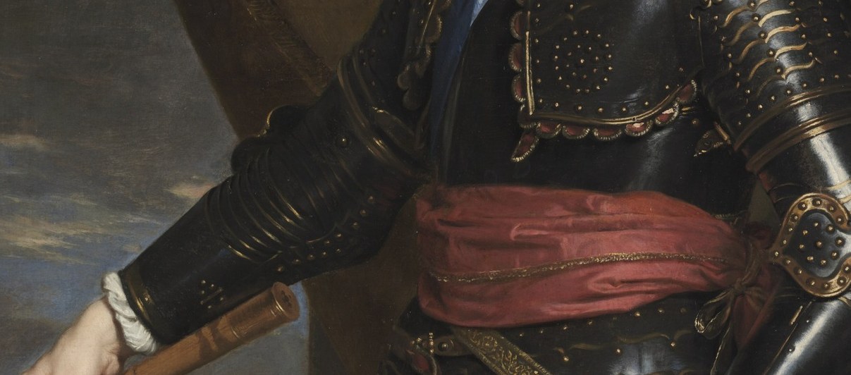 The boldest color passage in the painting; the red sash is a mark of military command and royal rank, functioning as a heraldic element that declares sovereignty even in exile.