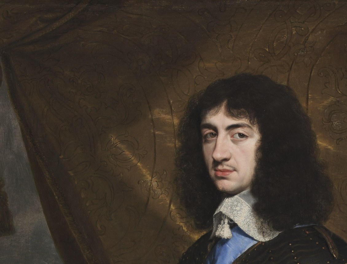 The cascading locks signal modish French court style, contrasting with the antique armor below , a deliberate mix of contemporary fashion and martial heritage that defines Charles's political identity.