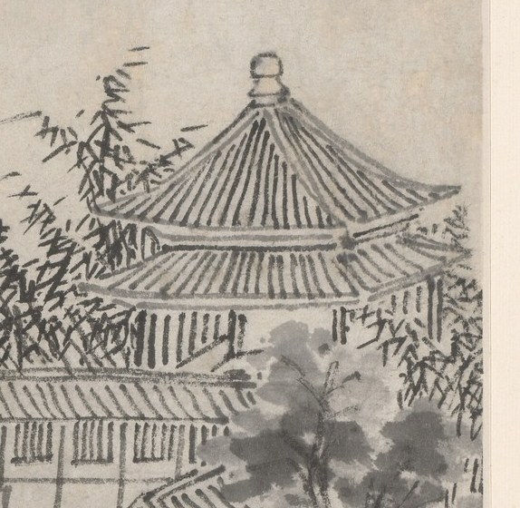 Its layered structure and dark ink lines create a strong focal point, showcasing architectural detail.