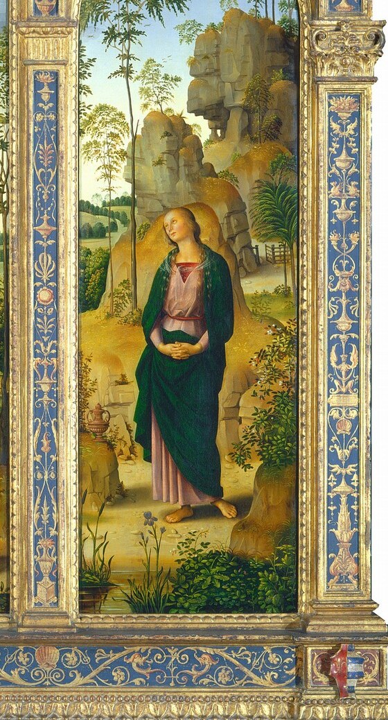 Her elaborate, almost courtly dress creates deliberate tension with her role as penitent; Perugino dresses her as a Florentine noblewoman, suggesting the beauty she renounced without letting the viewer forget it