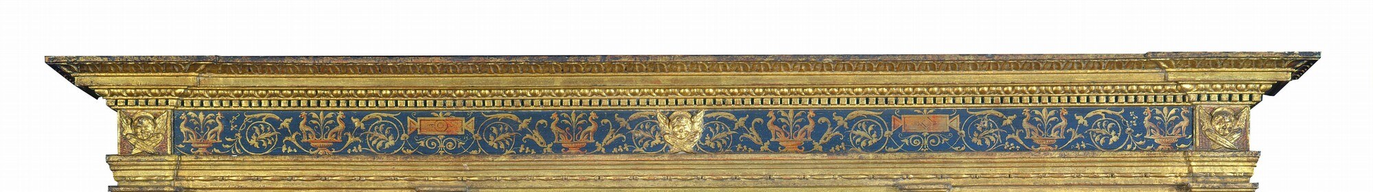 The painted and gilded architectural surround is itself a display of Renaissance decorative ambition , the grotesque ornament style, still novel in 1485, signals a patron competing with the most sophisticated commissions in Florence