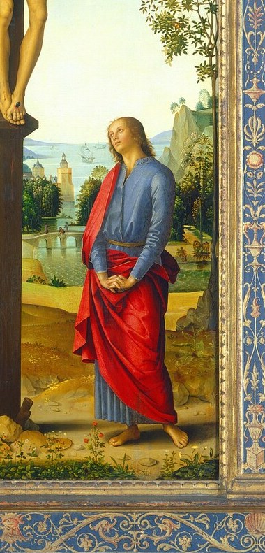 His upward gaze and open gesture contrast deliberately with the Virgin's sealed sorrow , witness versus mourning; the only male disciple who remained at the cross