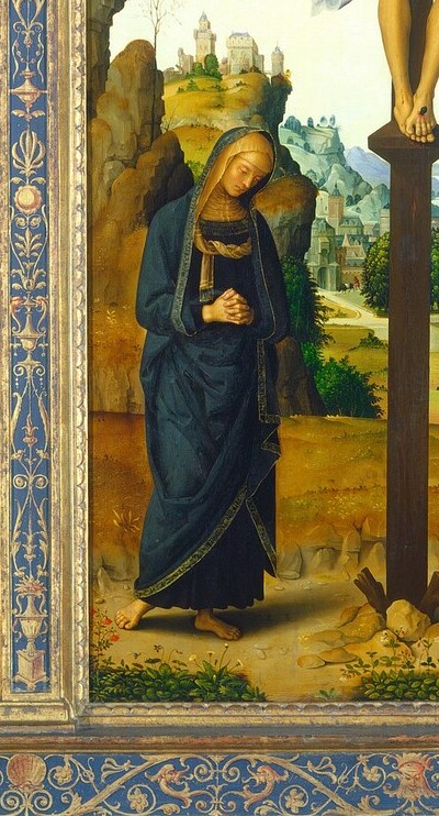 Her downcast posture and pressed-together hands embody contained grief , Perugino's signature emotional restraint; she does not look up, does not gesture, she simply endures
