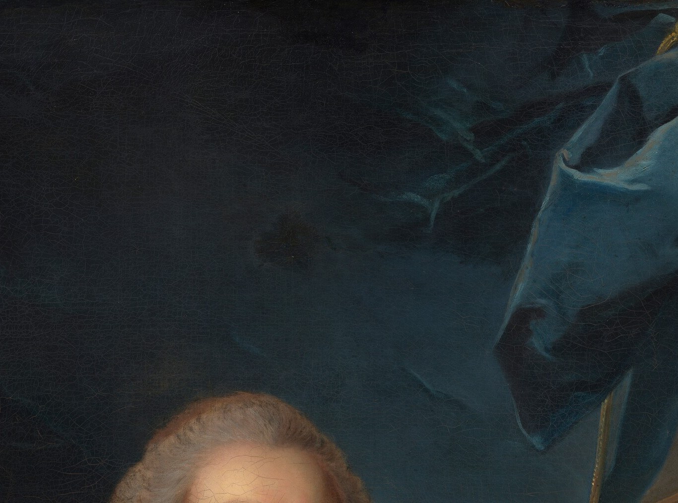 The period wig signals rank and date precisely , a social marker that places the sitter unmistakably within Louis XV's court culture.