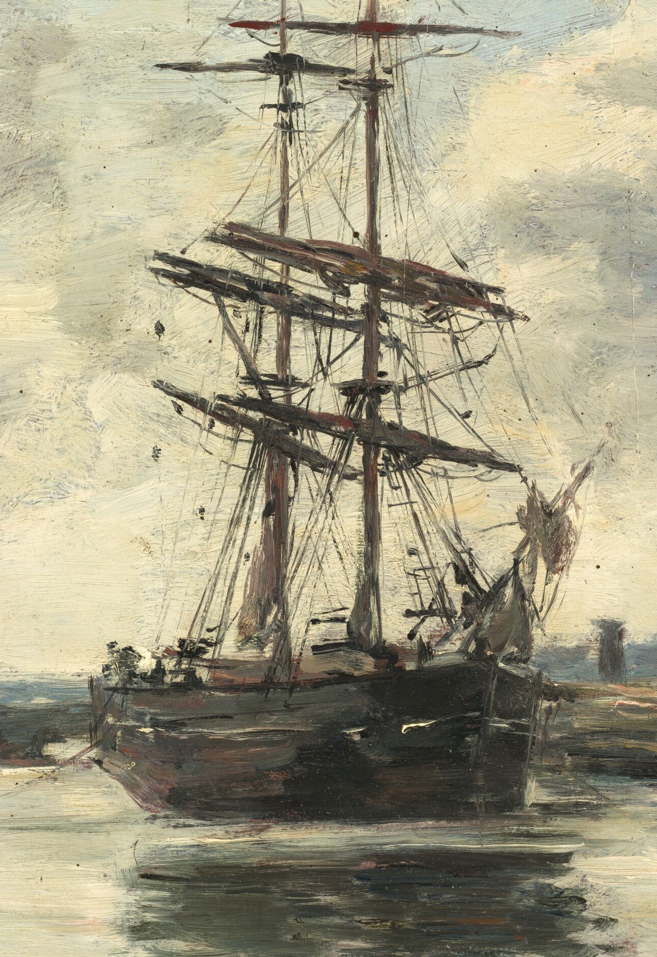 Its furled sails and dark hull suggest a moment of stillness and potential, a vessel at rest in the harbor.