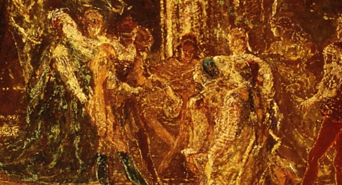 Figures gather in the hazy background.