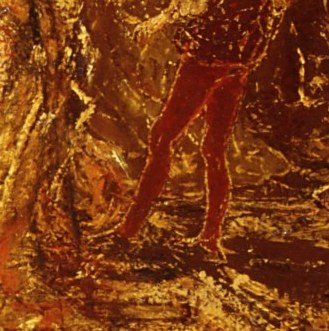 A man in red trousers gestures outward.