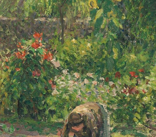The only human presence; her bent posture anchors the domestic labor at the heart of the scene and gives the garden its sense of tended life.