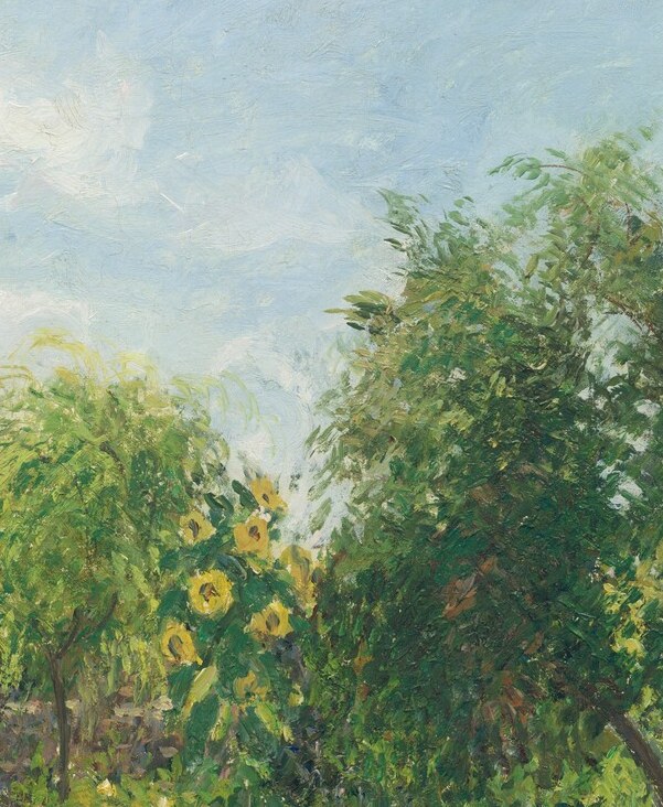 The most vivid vertical element, echoing van Gogh's obsession with the same flower; Pissarro uses them to pull warm yellow into an otherwise cool-green composition.