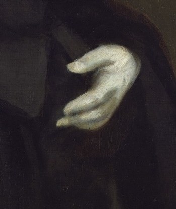 The delicate rendering of the gloved hand, with its subtle shadows, highlights the texture and form.