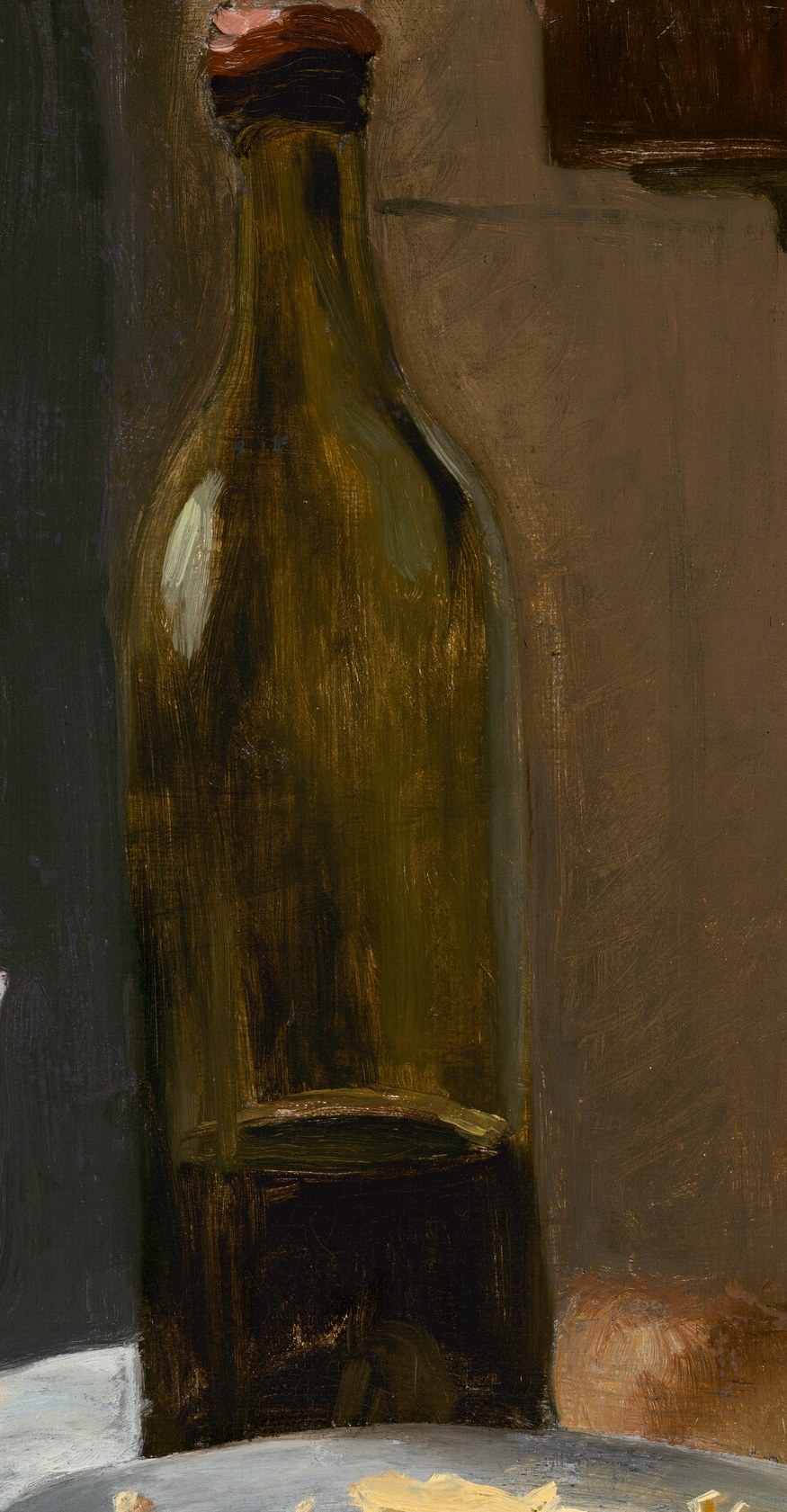 Its dark glass and subtle reflections suggest a rich liquid within, hinting at the wine that is central to the scene.