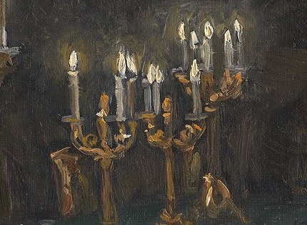 This smaller candelabra mirrors the larger one, reinforcing the theme of light and gathering.