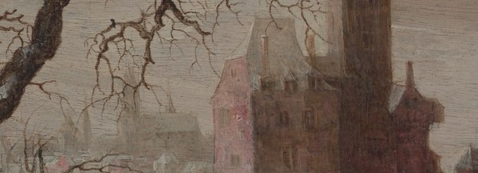Start at the back. The far towers and tiny skaters.