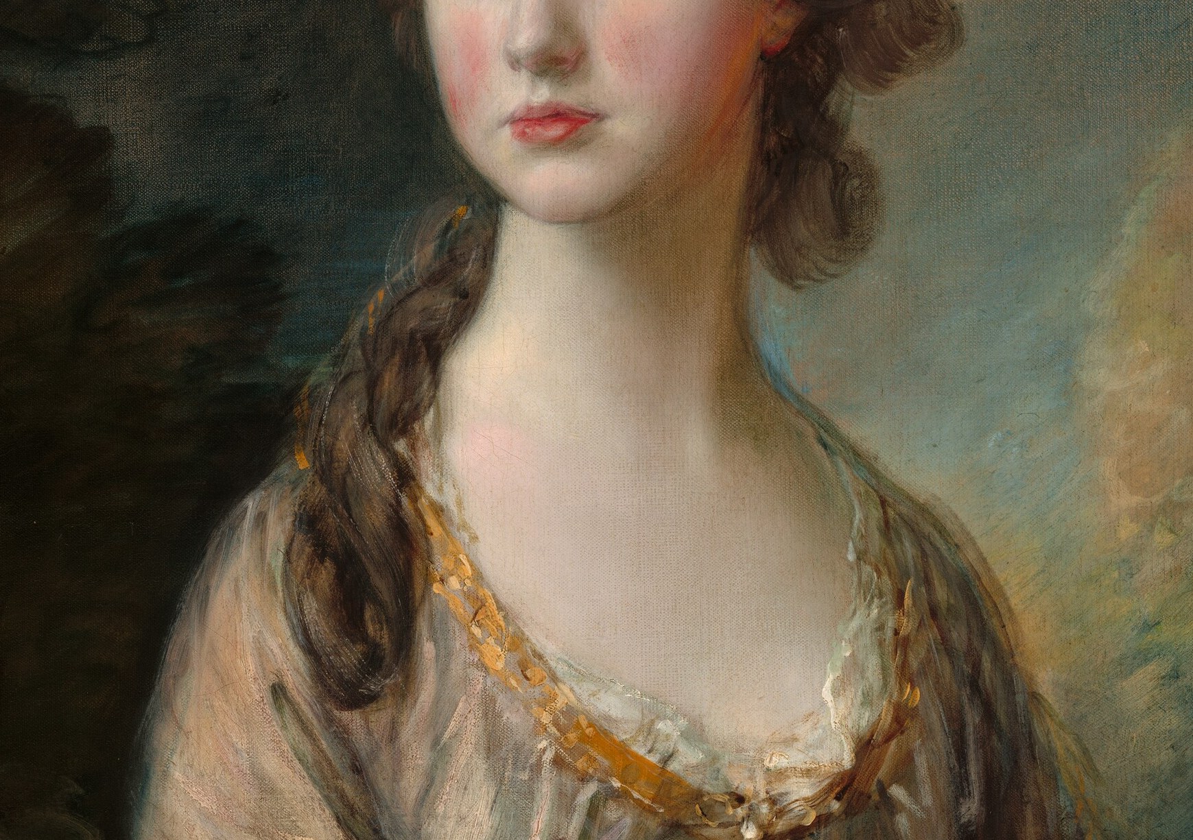 Gainsborough's bravura brushwork on fabric , loose, feathery strokes imitating the sheen of silk , is most legible here; the texture passage is a trick of technique worth isolating.