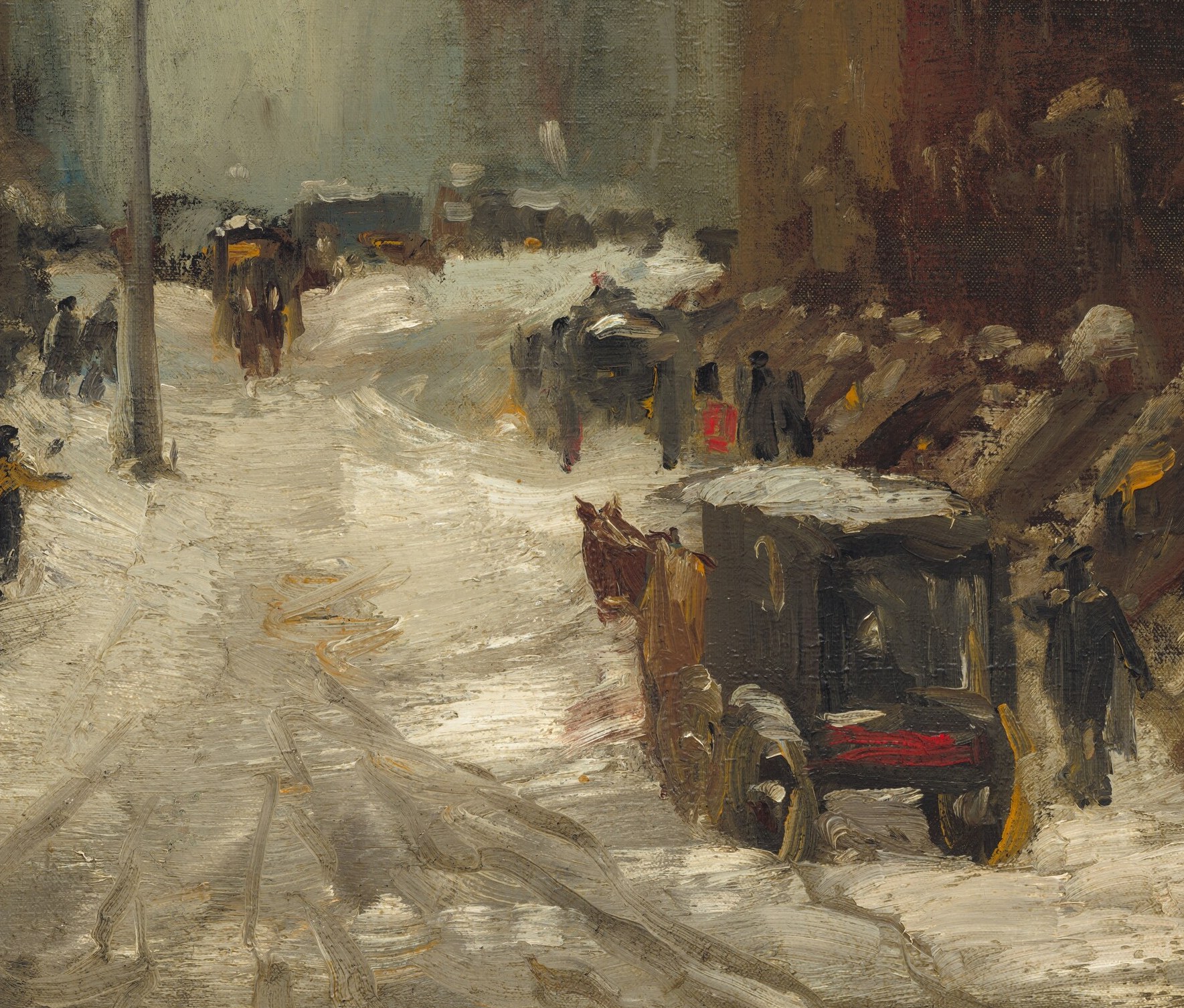 The texture and unevenness of the snow convey the harshness of winter and the difficulty of movement.