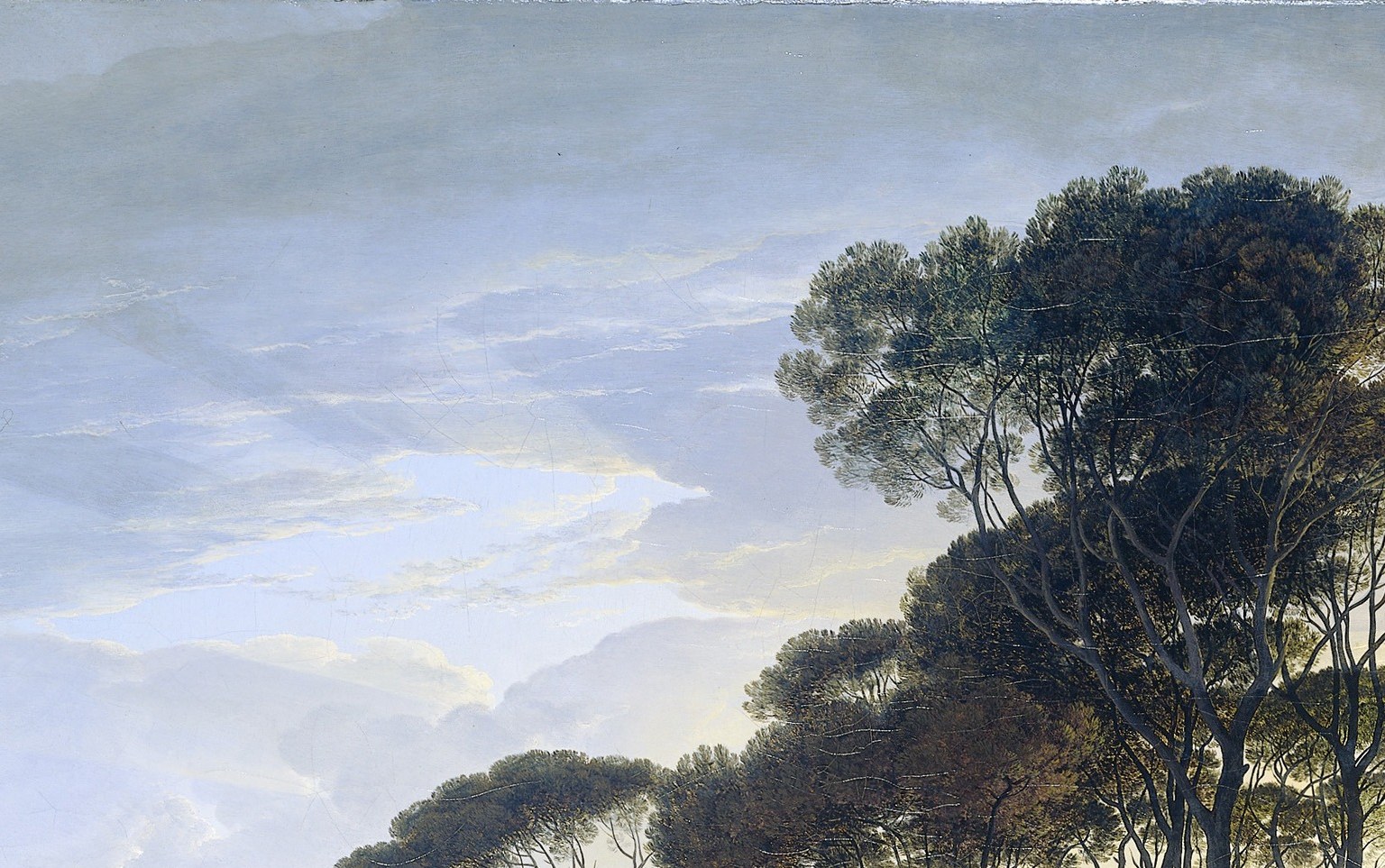 The painting's visual centerpiece , the flat parasol silhouette of Pinus pinea renders Voogd's signature subject; its layered, feathery edge reads almost like lace against the sky.