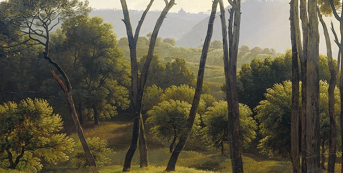 Tiny figures resting and walking. They make the trees immense.