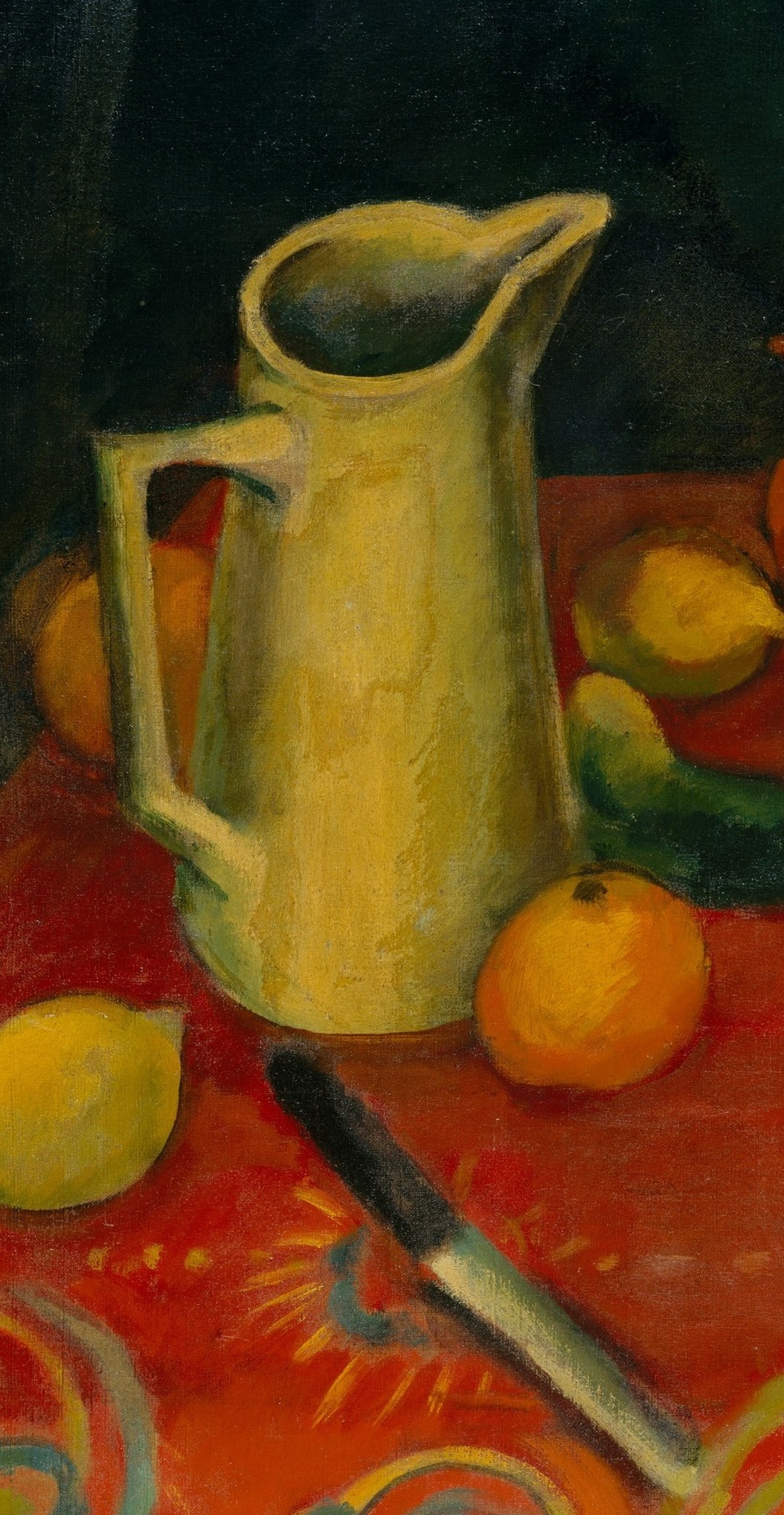 The tallest object anchors the vertical axis; its cool white surface acts as a foil against the hot reds surrounding it, demonstrating Halpert's Fauvist contrast strategy.
