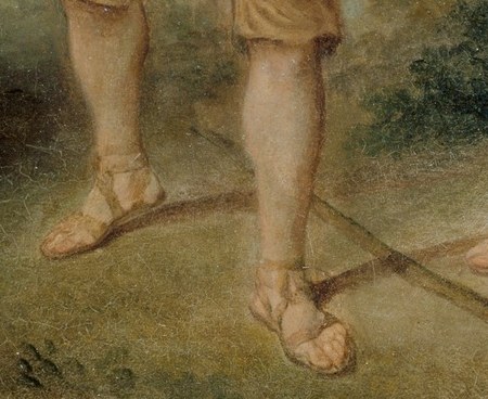 Note the detailed pattern on his breeches, typical of the era.
