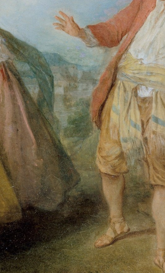 In this scene, a woman grapples with a goose.
