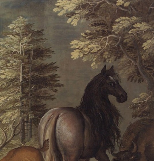 The horse's silhouette against the bright sky creates a strong tonal contrast and elevates its status in the hierarchy of beasts.