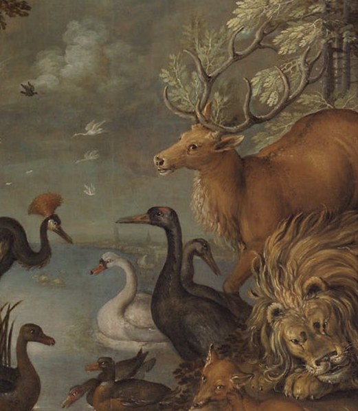 A stag stands at the center, his antlers burning in the light.