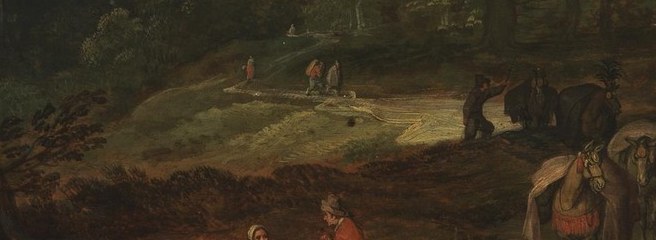A mule train carries goods along a winding road, suggesting trade.