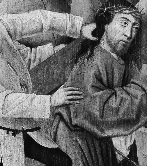The rope binding his wrists is a theological claim: he goes willingly.