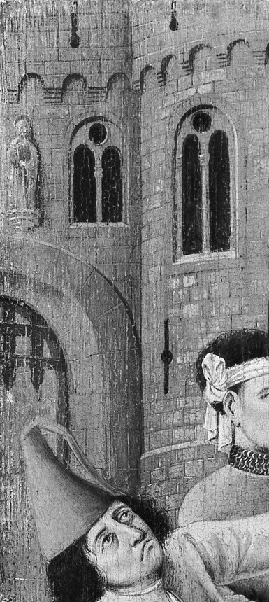 The only fixed architecture in the scene grounds the procession in a real civic setting , early Flemish painters used local building types to make biblical events feel immediate.