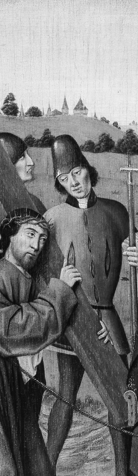 The man in the tall hat stands upright, an official detached from the violence.