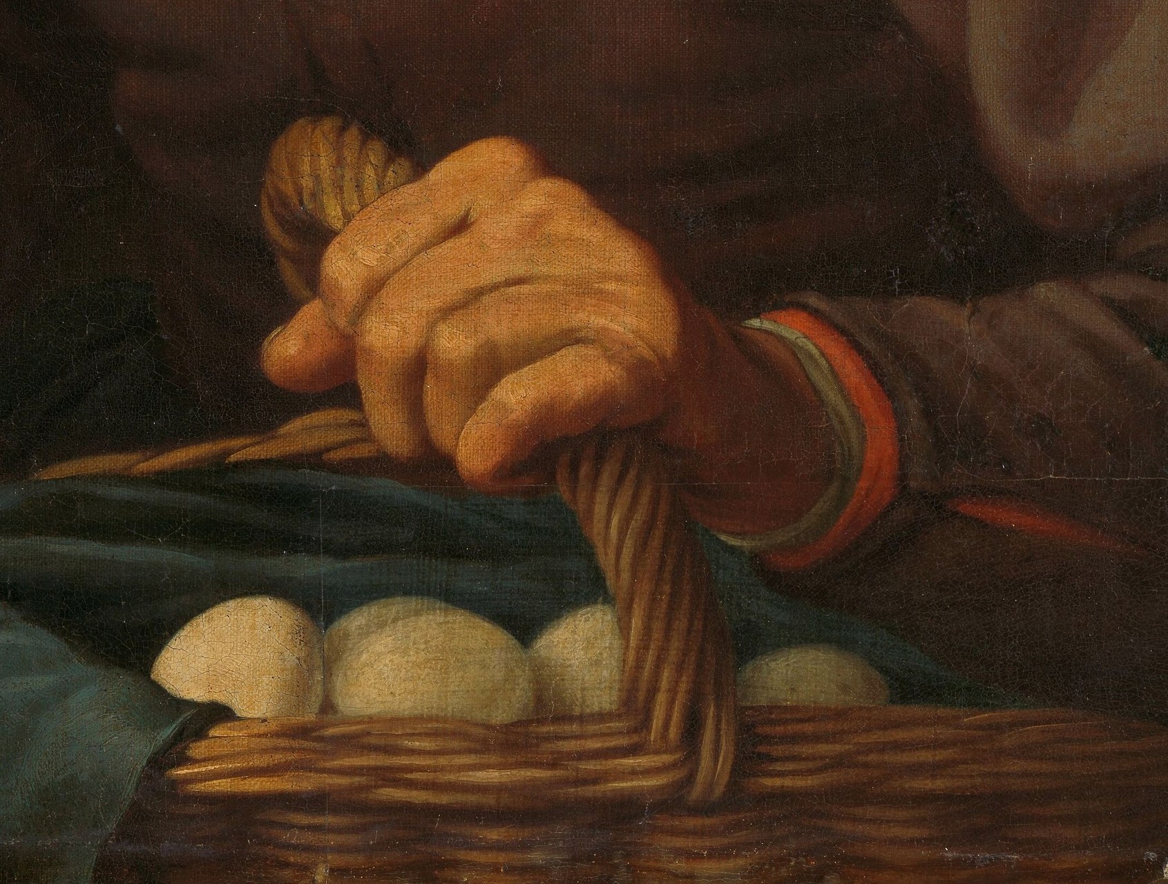 The overflowing basket emphasizes abundance and the fruits of her labor, contrasting with the single egg she holds.