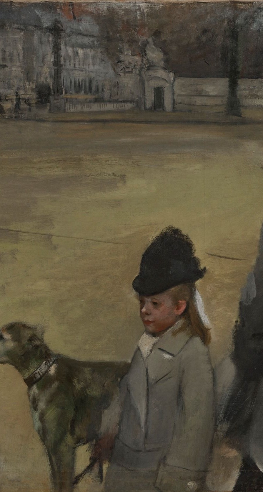 The dominant vertical of the composition, yet his stride implies interrupted motion as if caught by a camera shutter mid-step; he extends beyond both top and bottom edges, implying a world larger than the canvas