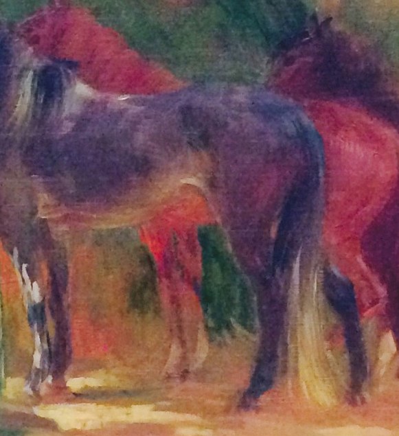 The warm, rich color of this horse contrasts with the darker tones, drawing the eye.
