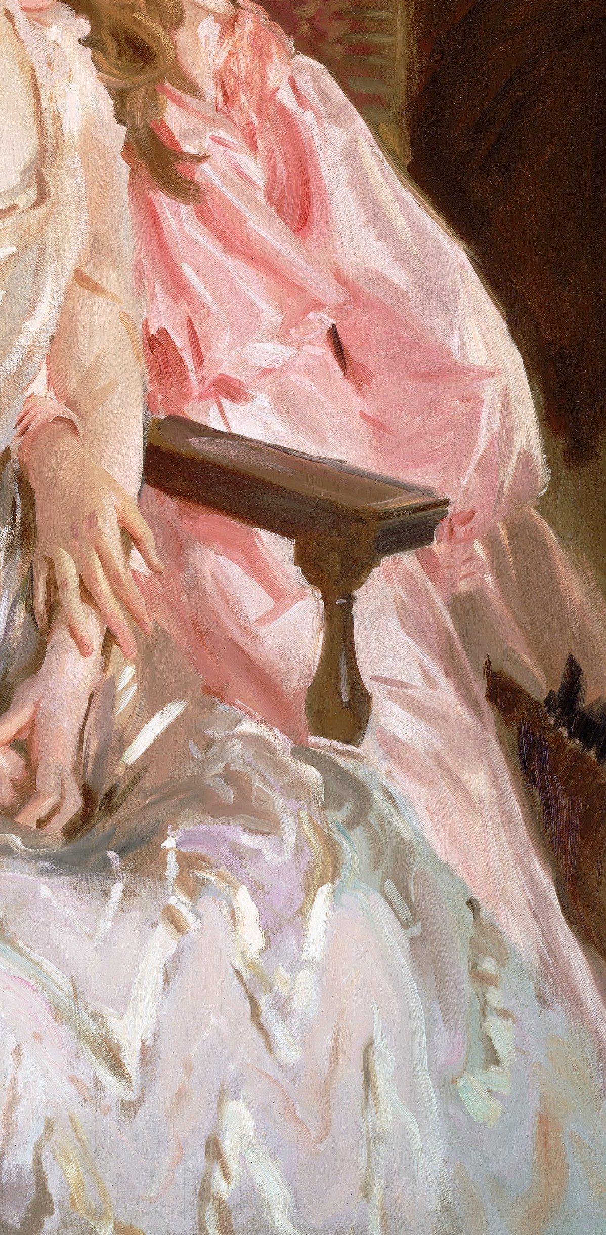 The rosy hue provides chromatic warmth against the white gown, marking her as the youthful counterpoint.